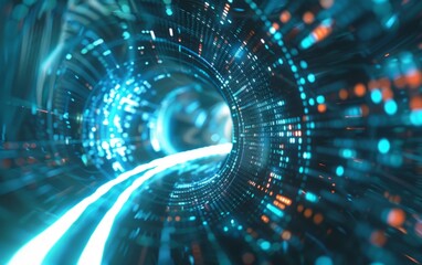 Futuristic digital code swirling in a luminous blue cyber tunnel.