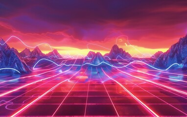 Wall Mural - Futuristic digital landscape with glowing neon lines and abstract mountains.