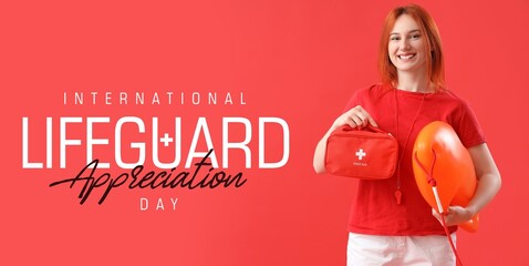 Wall Mural - Banner for Lifeguard Appreciation Day with young female rescuer