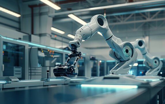 Futuristic industrial robotic arms at work in a factory setting.