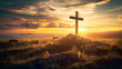 © Arma - A cross standing on a grassy field during a serene sunset, perfect for Ascension Day and Easter religious concepts emphasizing faith and spirituality.