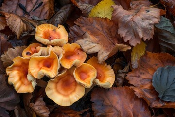 Poster - Vibrant wild mushrooms nestled among a bed of colorful autumn leaves