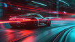 © goami - extremely fast futuristic sports car driving highway on high speed, luxury sport auto blurred motion on illuminated city street
