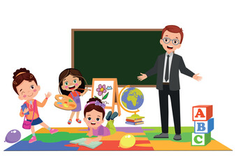 Wall Mural - cute students and teacher in classroom