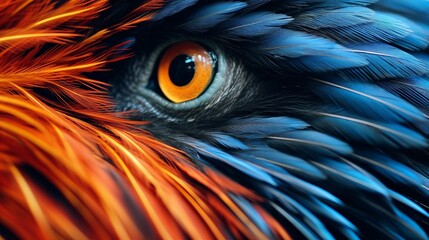 A close up of a bird's eye with a red and blue feather