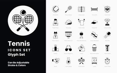 Tennis icons collection. Set contains such Icons as Racket, Ball, Net, Court, Serve, Volley, Smash, Forehand, Backhand, Match, Set, Game, Tie-break, Ace, Baseline, Double Fault, Grand Slam, and more