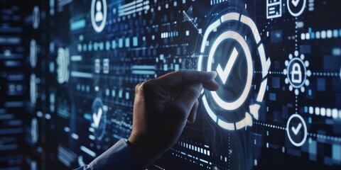 Aufkleber - A Businessman Touching a Futuristic Holographic Interface with a Checkmark, Symbolizing Success, Modern Technology, and Innovative Business Solutions, Generative AI