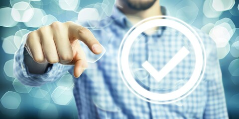 Aufkleber - A Businessman Touching a Futuristic Holographic Interface with a Checkmark, Symbolizing Success, Modern Technology, and Innovative Business Solutions, Generative AI