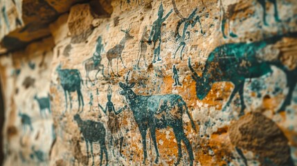 Wall Mural - Describe a scene of ancient rock art depicting hunters and animals on the walls of a cave, Close up