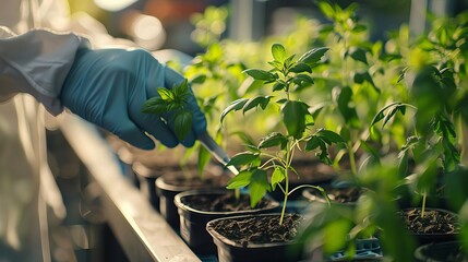 Describe a scientist in a lab creating a hybrid plant that combines the best traits of two different species for improved resilience, Close up