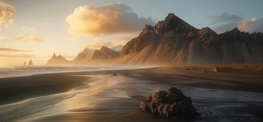 Wall Mural - Black sand beach with mountains in the background, cinematic, realistic, epic, golden hour