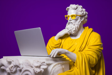 marble statue of zeus with laptop and yellow glasses, merging ancient and modern worlds