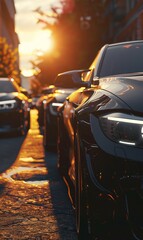 Wall Mural - modern car headlight lamp, parked vehicle on city street, auto on parking at sunset