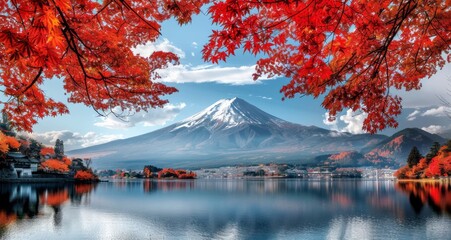 Poster - Mount Fuji is covered in red leaves and reflects on Lake