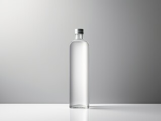 A clear bottle of alcohol sits on a table