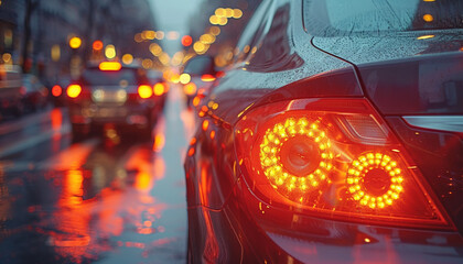 Wall Mural - rear view of modern luxury car on night road, new shiny auto vehicle in traffic, back lamp light view, illuminated city. on background