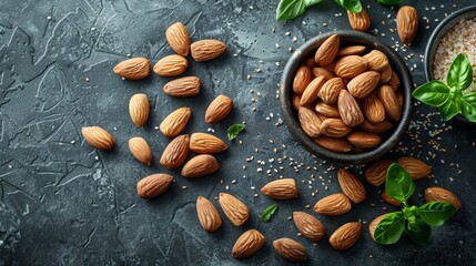 Wall Mural - Vegan food with nuts and almonds. A gray background with text copy space