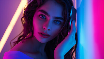 Neutral facial expression. Fashionable young woman standing in the studio with neon light.Neutral facial expression. Fashionable young woman standing in the studio with neon light.
