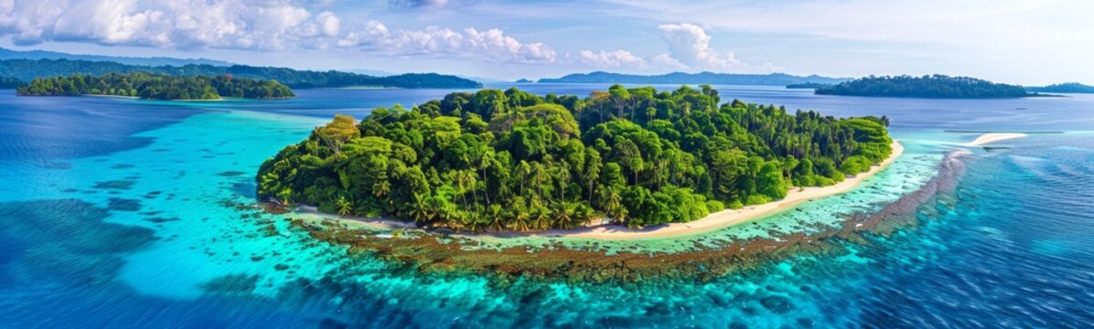 Panoramic aerial view of tropical island with lush green vegetation and turquoise waters. Ideal for travel, nature, tourism, and landscape concepts. Wide banner. Space for text