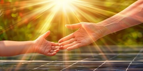 Poster - A Symbolic Image of an Adult and Childs Hand Connecting Over Solar Panels, Representing Generational Bond and Commitment to Renewable Energy and a Sustainable Future, Generative AI