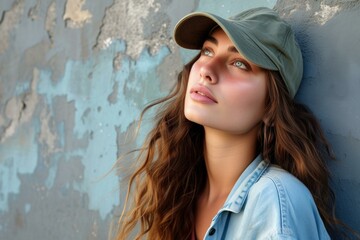 Poster - Thoughtful young lady with a cap leans against a peeling blue wall, contemplating