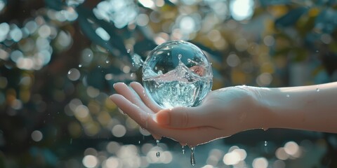 Poster - A Hand Holding a Clear Water Sphere Amidst Splashes and Bokeh, Symbolizing the Purity and Fluidity of Nature in a Beautiful Outdoor Setting, Generative AI