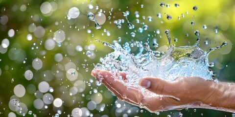 Poster - A Close-Up View of a Hand Catching Water Droplets, Capturing the Essence of Clean, Clear Water in Nature, Highlighted by Bokeh Effects in the Background, Generative AI