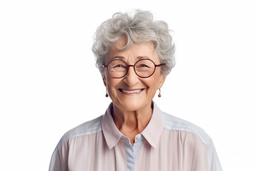 Wall Mural - Smiling senior white woman on white background. Topics related to old age. Retirement home. Retirement. Image for Graphic Designer. Senior residence. AI.