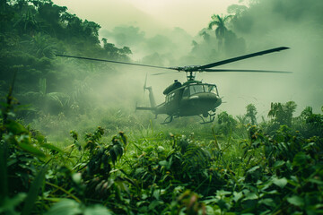 Helicopter Flying Over Lush Green Forest