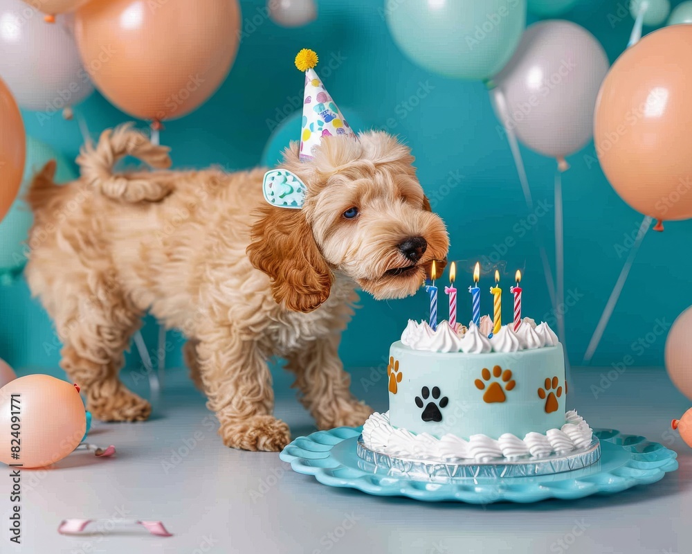 Adorable Dog Celebrates Birthday with Cute Party Hat, Paw Print Cake ...
