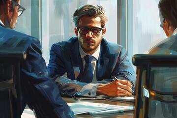 Sticker - focused businessman attentively listening to colleagues presentation in modern office digital painting