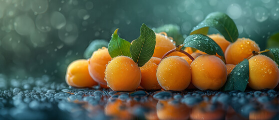 Wall Mural - Ripe apricots on the table on a green background.