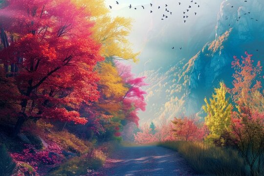 The vibrant and magical enchanted autumn forest pathway: a colorful and beautiful landscape in the serene and tranquil wilderness. Perfect for hiking and enjoying the natural beauty of the fall season