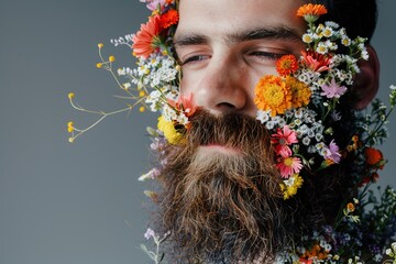 Wall Mural - A man with a beard decorated with flowers isolated on grey background, studio shot, with copy space