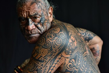 Sticker - A Maori warrior shows off his intricate moko body tattoo which tells the story of his ancestry and accomplishments