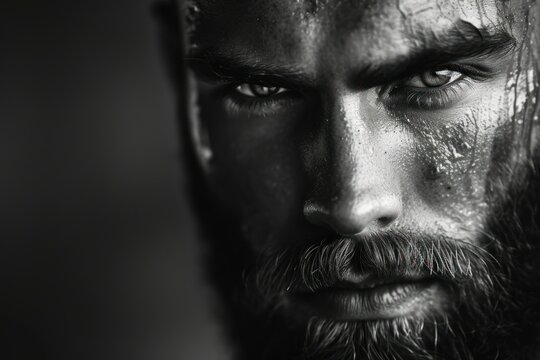 formidable beautiful brutal man. adult confident bearded man outdoor portrait. generate ai