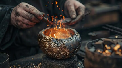 Describe a workshop where artisans are casting bronze jewelry, showcasing the versatility of the coppertin alloy, Close up