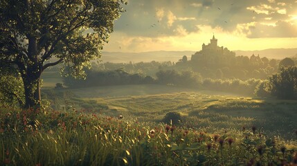 Wall Mural - a medieval countryside with an English castle in the distance, atmospheric, hyper realistic, 8k, epic composition, cinematic, octane render, artstation landscape