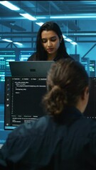 Poster - vertical video smiling admin in server hub checking recovery plan, monitoring data center energy con