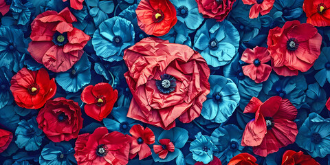 Wall Mural - red poppy on blue background, ai generated.