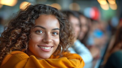 Wall Mural - A woman with curly hair is smiling and wearing a yellow sweater