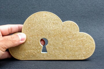 Wall Mural - Hand holding a golden cloud lock, highlighting secure data and online protection in a simple, minimalist design.