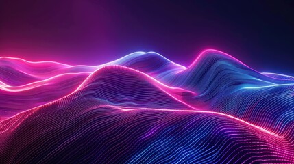 Wall Mural - A colorful, neon landscape with purple and blue mountains. The mountains are very tall and the sky is dark