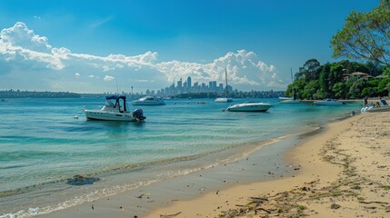 Wall Mural - A boat is floating in the ocean near a beach