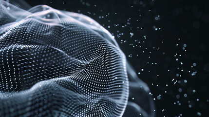 Wall Mural - looped distortion waves on abstract sphere of particles. digital data splash of spherical point arra