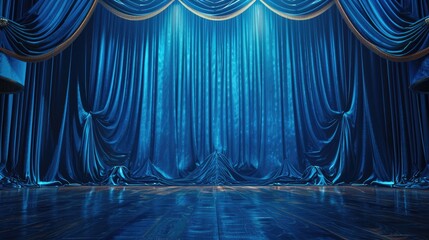 Wall Mural - A blue curtain with a white stripe is hanging from the ceiling. The curtain is open, revealing a stage with a wooden floor
