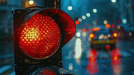 Wall Mural - A red traffic light with a yellow light in the middle. The light is lit up and the street is wet