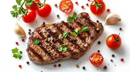 Wall Mural - The main focus is a well-grilled steak, showing grill marks and garnished with a sprig of parsley