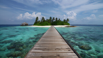 Wall Mural - Island and Walkway: The focal point is a small, lush green island adorned with palm trees. A long, straight wooden walkway extends from the foreground directly toward the island