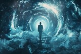 Fototapeta Przestrzenne - futuristic businessman standing in glossy tunnel outer space with nebula background 3d render
